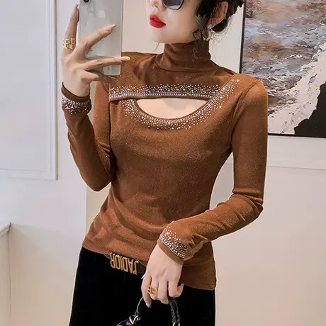 欧货性感镂空T恤女长袖内搭网纱高领打底衫气质烫钻亮片上衣春秋图片