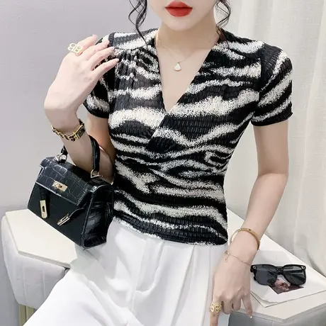 欧货斑马纹短袖T恤女夏装性感网纱小衫洋气交叉V领上衣修身半袖潮商品大图