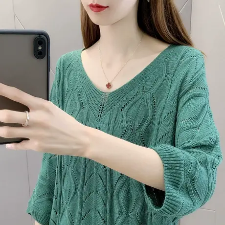 秋季2023年新款v领薄款针织衫女七分袖镂空宽松毛衣女春秋内搭女商品大图