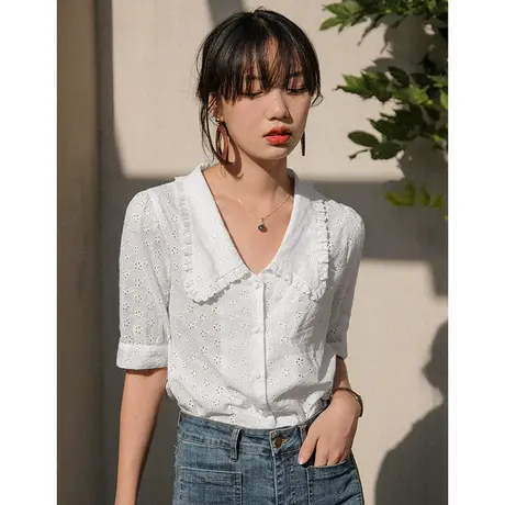 弥古法式镂空白衬衫上衣女小众纯棉短袖白色花边娃娃领衬衣夏外穿商品大图