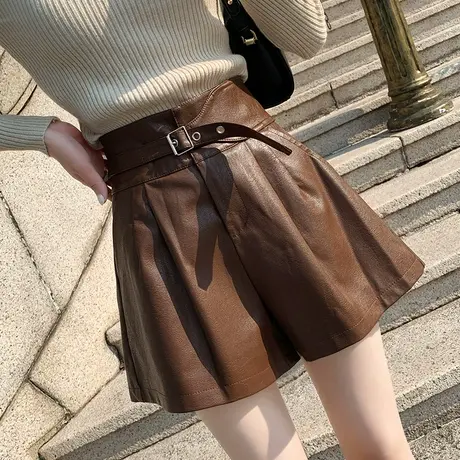 2022年秋冬新款外穿春秋款爆款高腰显瘦阔腿短裤棕色咖色pu皮裤女图片