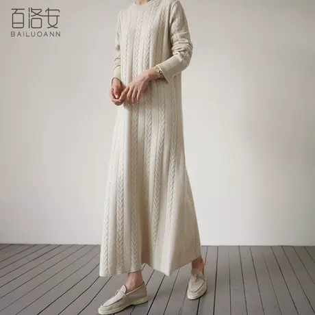 百洛安圆领针织连衣裙女冬装新款韩版麻花套头长款宽松大码毛衣裙图片