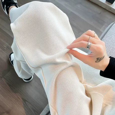 白色灯芯绒阔腿裤女春秋新款高腰垂感宽松显瘦小个子休闲直筒长裤图片