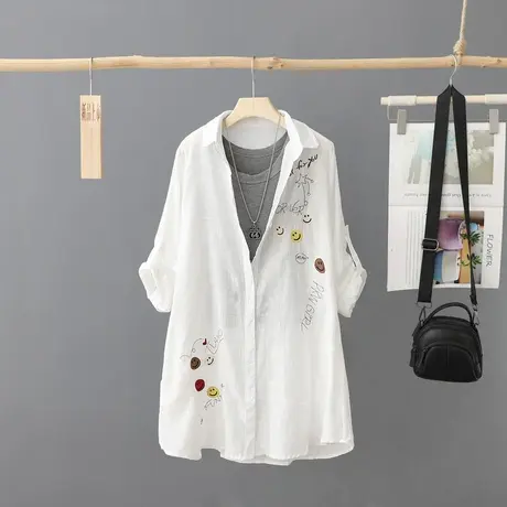 刺绣中长款长袖白衬衫女夏季新品宽松文艺防晒衣薄开衫空调衫外套图片