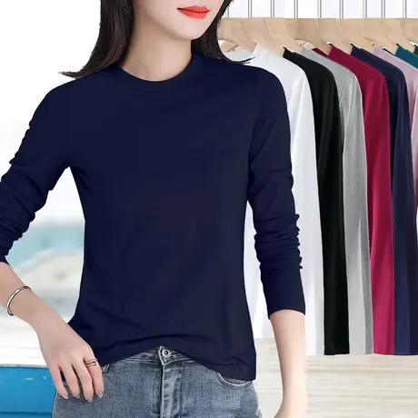 藏蓝色小中半高领长袖t打底衫女纯棉修身简约内搭胖妹妹大码上衣图片