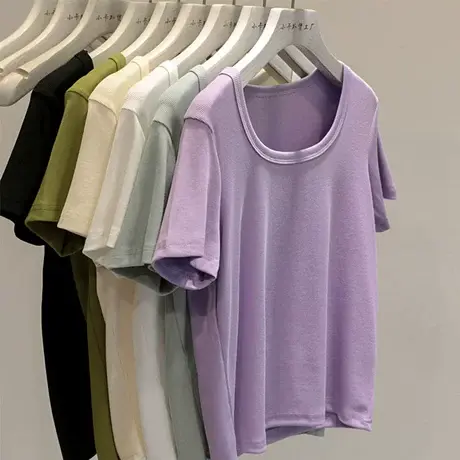 墙裂推~纯色圆领短袖T恤女2023新款修身显瘦短款百搭基础款打底衫商品大图