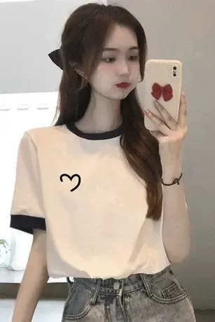 白色仿棉短袖t恤女2023夏季新款港风chic潮牌小众设计感正肩上衣商品大图