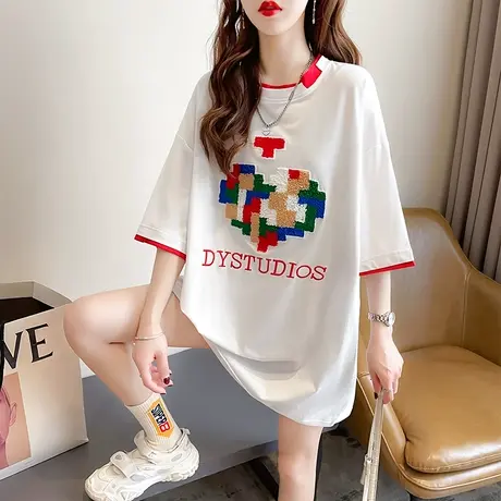 设计感小众ins短袖t恤女夏季韩版宽松大码女装假两件上衣服体桖潮图片