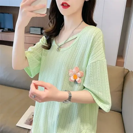 小众设计感短袖t恤女夏季韩版宽松大码女装小心机u领不规则上衣服商品大图