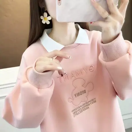 早秋小个子卫衣女春秋韩版宽松薄款长袖t恤polo领假两件上衣外套商品大图
