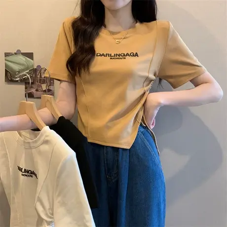 美式复古甜辣正肩短袖t恤女夏季小众设计感别致独特韩版修身上衣图片