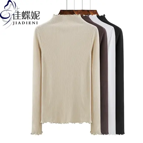 秋冬新款韩荷叶边半高领修身纯白坑条纹纯色长袖体恤上衣女打底衫商品大图