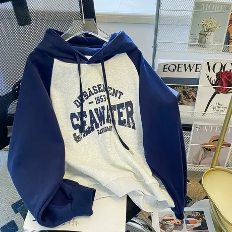 美式复古设计感连帽卫衣女秋冬加绒加厚潮牌ins高街宽松大码外套图片