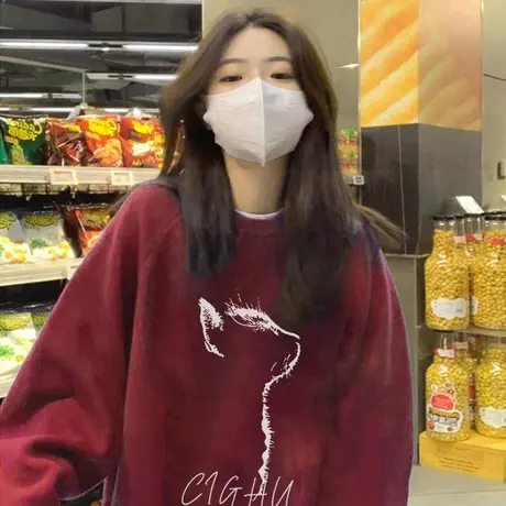 酒红色卫衣女春秋薄款圆领宽松慵懒风美式复古无帽上衣oversize潮商品大图