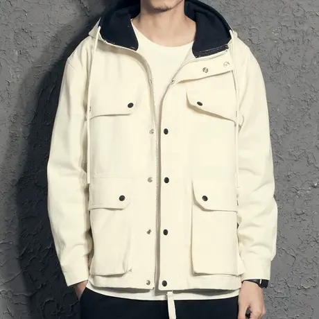 2022秋季夹克男潮流拼色连帽外套男春秋宽松多口袋潮牌工装上衣男图片