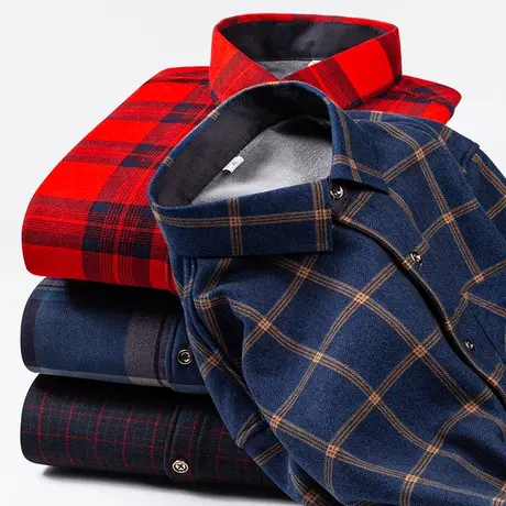 中年男士长袖保暖衬衫加厚款大码老人秋冬季爸爸装格子加绒衬衣寸图片