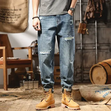 春夏款浅色破洞牛仔裤男ins潮牌宽松直筒微锥痞帅长裤子潮流百搭图片