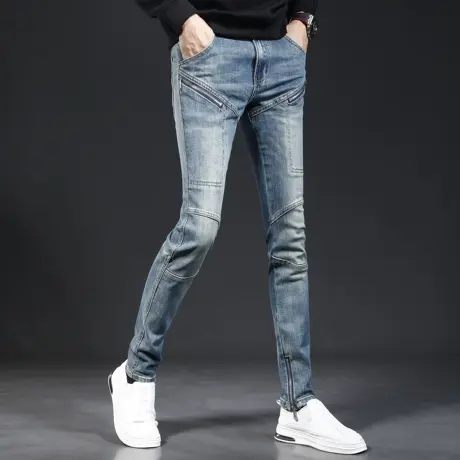 欧美高街牛仔裤男秋季新款蓝色修身小脚弹力拼接潮流男士时尚裤子商品大图