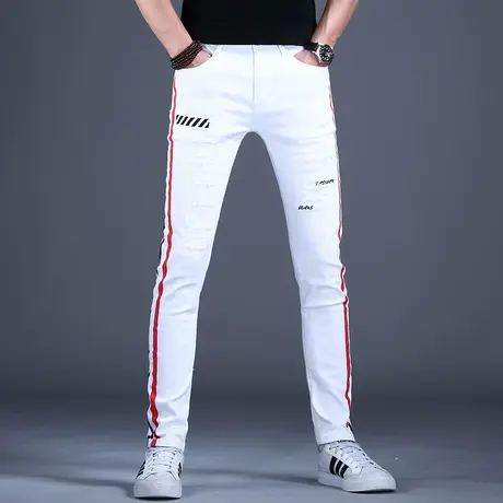 男士破洞白色牛仔裤男秋款男款裤子男潮2023新款刺绣小脚修身休闲商品大图