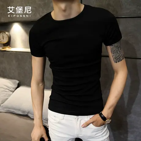 夏季男士纯色短袖T恤男潮牌休闲韩版修身圆领潮流青年纯棉半袖t恤商品大图