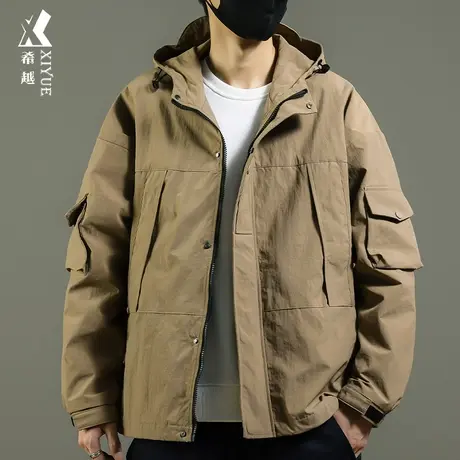 希越大地色可调节高帽冲锋衣男户外防风防水秋季宽松大码夹克外套商品大图