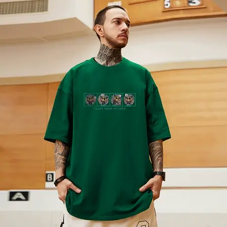 美式街头复古半袖绿色潮牌t恤简约大码男装加肥加大overszie短袖商品大图