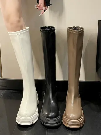 不过膝长筒靴女小个子女鞋复古黑色马丁厚底高筒骑士靴子显瘦长靴图片