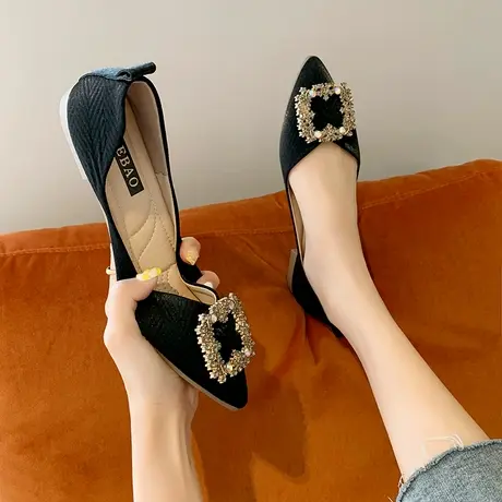 尖头软底单鞋女2023年新款秋季浅口百搭韩版平底豆豆鞋水钻扣瓢鞋商品大图