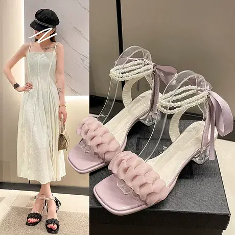 凉鞋女鞋夏季2023年新款时装时尚百搭中跟粗跟一字带高跟鞋子串珠商品大图