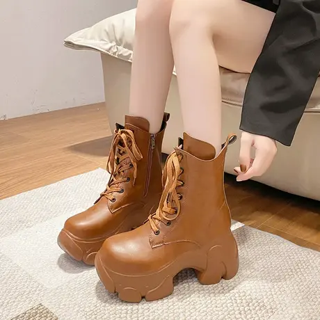 粗跟马丁靴女夏季爆款英伦风厚底舒适中筒靴子增高瘦瘦短靴欧货女商品大图