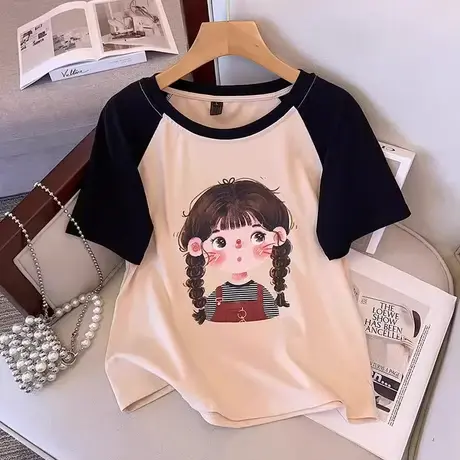 大码撞色正肩减龄短袖T恤女装夏季胖mm洋气宽松显瘦遮肚上衣200斤商品大图