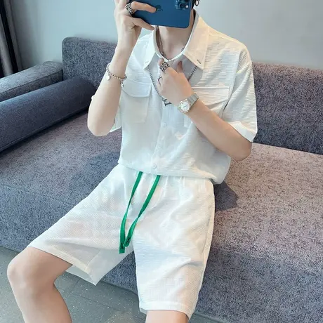 夏季男休闲潮流时尚套装轻薄透气短袖短裤学生潮牌ins格子两件套图片