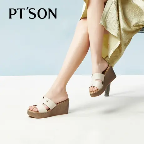 百田森夏季新款牛皮坡跟拖鞋女外穿一脚蹬防水台增高H拖鞋PTS图片