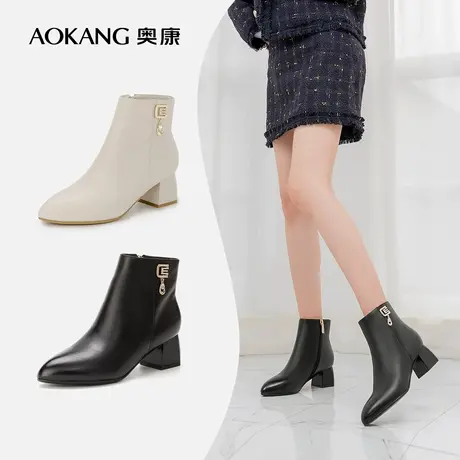 奥康女鞋 2022冬季新款真皮法式瘦瘦靴高跟时装靴短靴加绒保暖靴图片