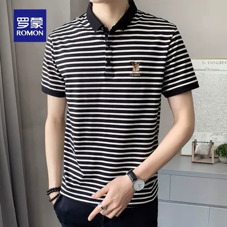罗蒙男士条纹短袖Polo衫夏季薄款冰丝商务休闲带翻领男装T恤上衣图片