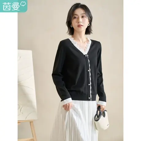 茵曼2023春女装新款温柔气质撞色蕾丝花边V领开衫套头长袖针织衫图片