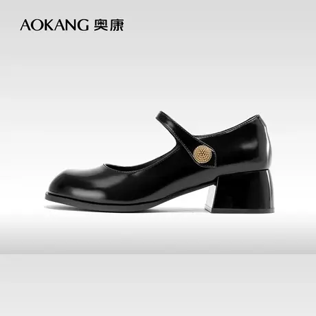 奥康女鞋 2023秋季新款圆头玛丽珍单鞋漆面浅口方跟舒适女士单鞋图片