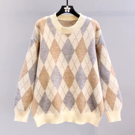 日系复古菱格毛衣女秋冬2023新款宽松慵懒风中长款加厚针织衫上衣商品大图