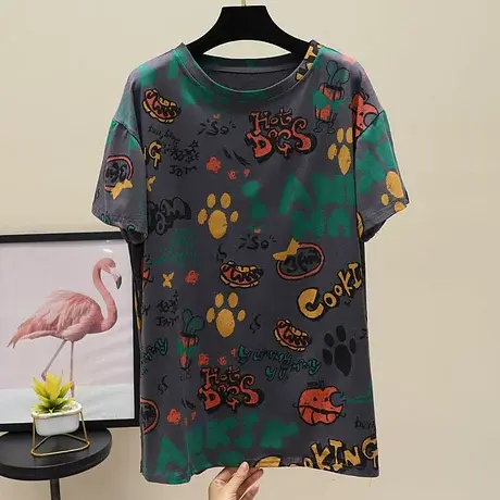 圆领宽松印花涂鸦T恤女韩版2023夏季新款时尚学生休闲体恤衫韩潮商品大图