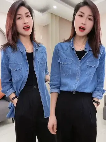 牛仔衬衫女春秋2023年新款春装内搭叠穿衬衣薄外套法式别致上衣潮商品大图