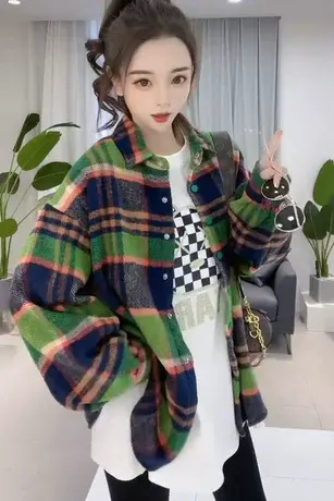 韩版复古磨毛格子衬衫女2023冬季新款宽松bf风中长款休闲衬衣外套商品大图