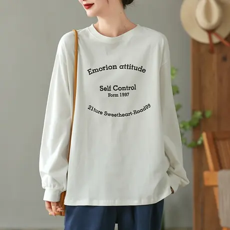 dza复古白色纯棉长袖t恤女士春秋洋气内搭上衣宽松休闲短款打底衫商品大图