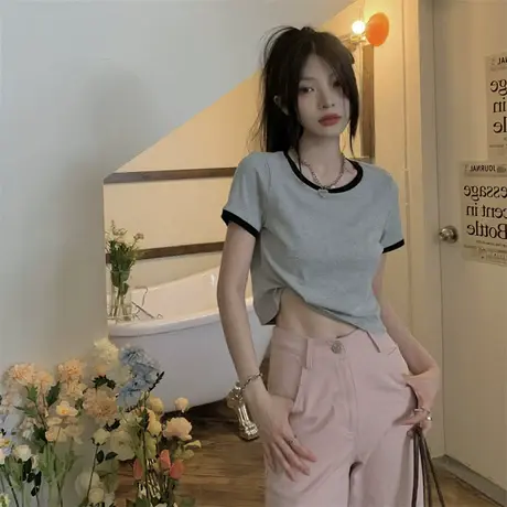 修身显瘦拼接撞色上衣女2023年夏季新款短款短袖打底衫内搭T恤潮商品大图
