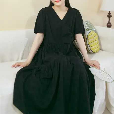 胖妹妹夏花朵暗纹肌理Y领法式优雅小黑裙高级感大码宽松气质裙子商品大图