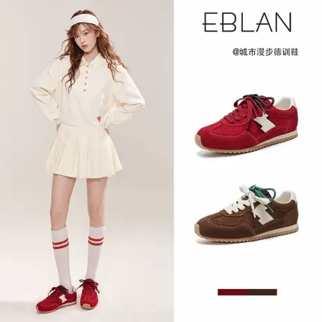 EBLAN/伊伴红色软底德训鞋女2025夏季新款运动板鞋休闲真皮阿甘鞋图片