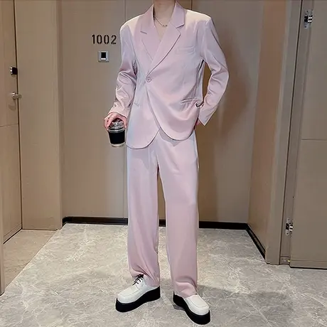 网红醋酸西服男士春秋休闲风松驰感宽松外套潮流痞帅垂感西装一套图片