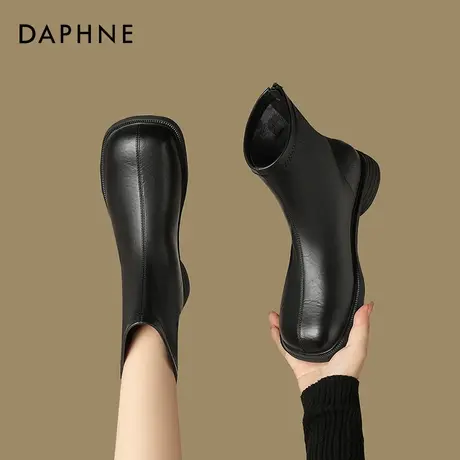 达芙妮黑色短靴女夏季单靴方头气质小皮靴2025新款平底烟筒马丁靴商品大图