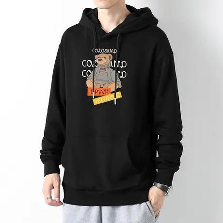 连帽卫衣男黑色外套2023新款秋冬加绒加厚长袖小熊带帽衫宽松潮流商品大图