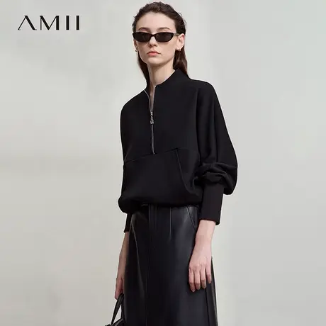 Amii2025秋新款休闲立领拉链半开襟棉质卫衣女蝙蝠袖超宽松上衣图片