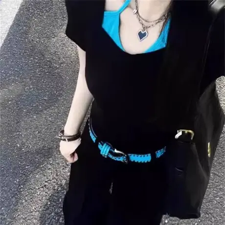 挂脖假两件短袖T恤女夏季韩版修身打底衫辣妹短款正肩半袖上衣潮商品大图